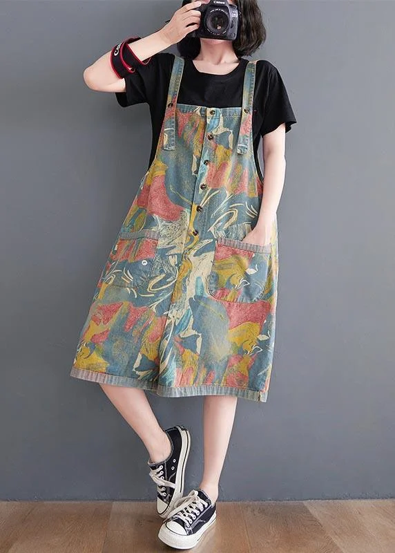 Comfy Light Blue Print Pockets Jumpsuit Shorts Summer Modern Women's 