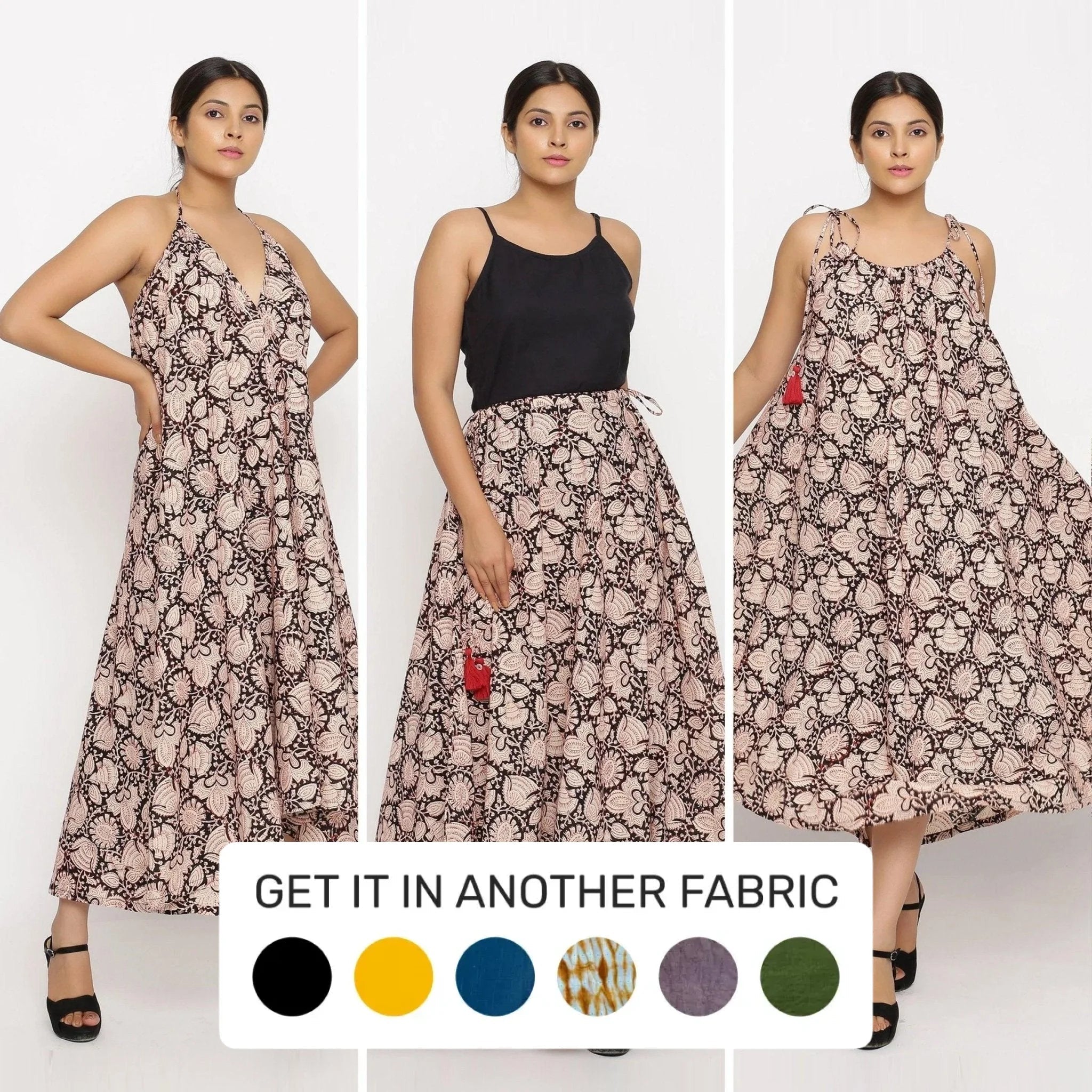 Convertible Block Print 3-Way Beige Cotton Skirt Dress Sophisticated Women's 