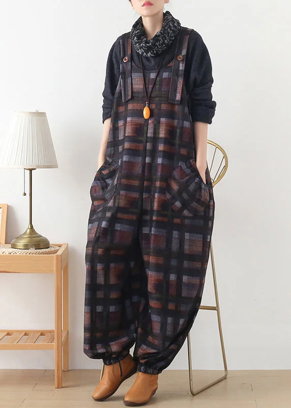 DIY Coffee Colour Plaid Button Woolen Jumpsuit Pants Fall Sporty Women's Athleisure DIY Coffee Colour Plaid Button Woolen Jumpsuit Pants Fall Sporty Women's Athleisure