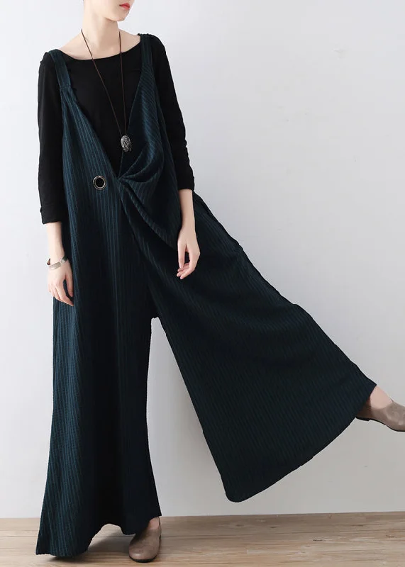 DIY Green Striped Tie Waist Wide Leg Jumpsuits Fall British Gentlewoman Style