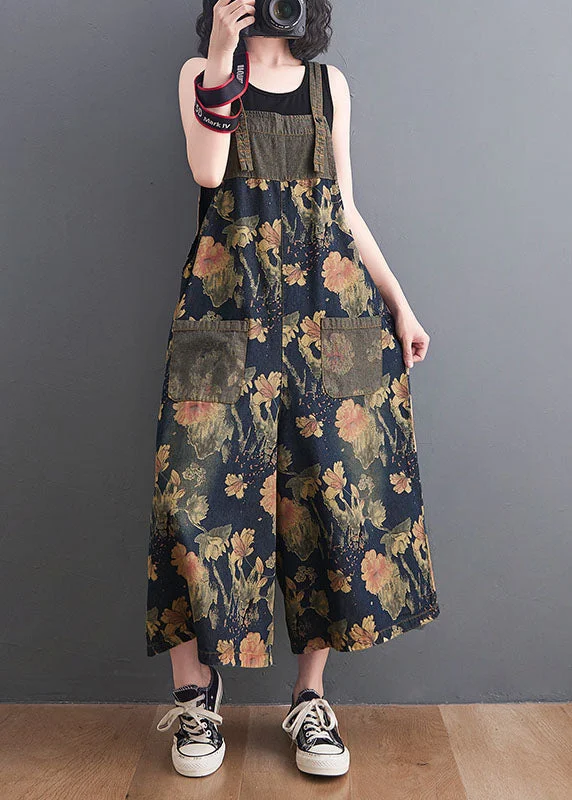 DIY Navy Print Pockets Patchwork Denim Jumpsuits Summer Modern Women's Tech