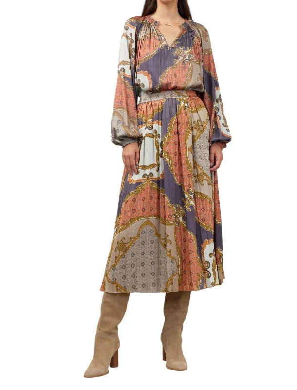 Elasticized Waist Pleated Midi Skirt In Brown Multi garde