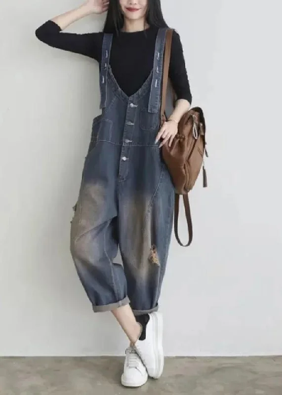 Elegant Blue V Neck Patchwork Button Jumpsuit Summer purpose