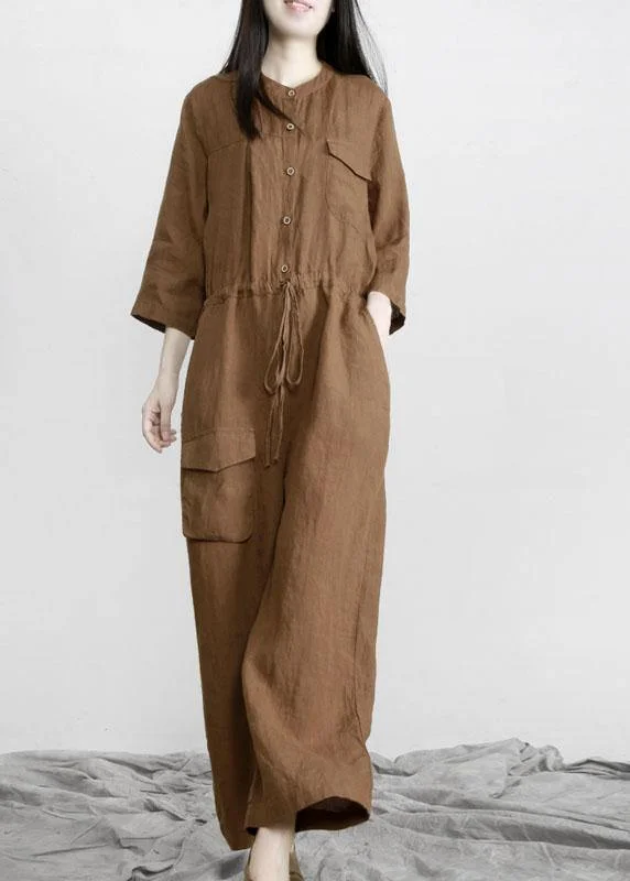 Elegant Chocolate Pockets Wide Leg Fall Linen Jumpsuit Pants Relaxed Women's 