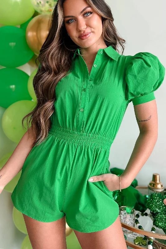 Elspeth Puff Sleeve Romper (Kelly Green) Stylish Women's Tropical 