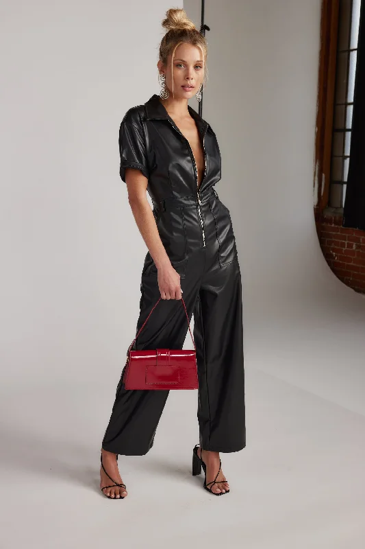Erika Black Leather Jumpsuit Cozy Women's Winter