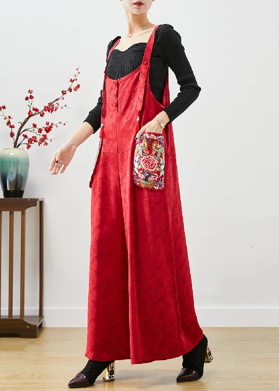 Fashion Red Embroideried Pockets Silk Jumpsuit Fall Elegant Women's Formal 