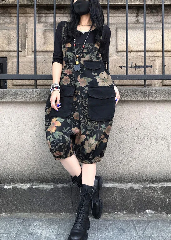 Fashion Slash Neck Print Patchwork Button Denim Jumpsuit Bohemian Women's Free