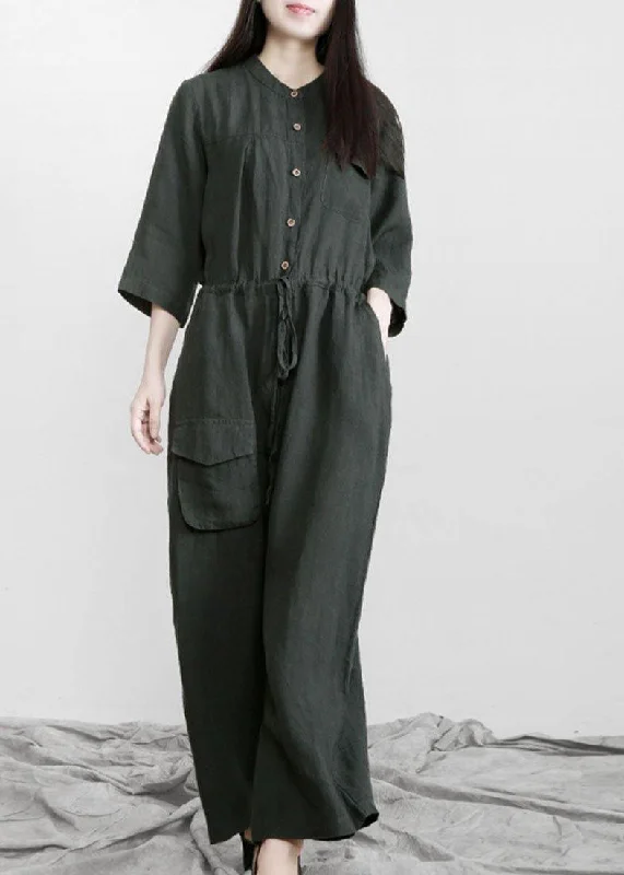 Fitted Tea Green Button Drawstring Fall Women Linen Jumpsuit Pants Australian Beach Fitted Tea Green Button Drawstring Fall Women Linen Jumpsuit Pants Australian Beach