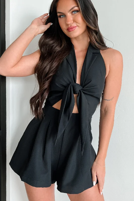 Flirtatious Designs Tie-Front Halter Romper (Black) Vintage Women's 1970S 