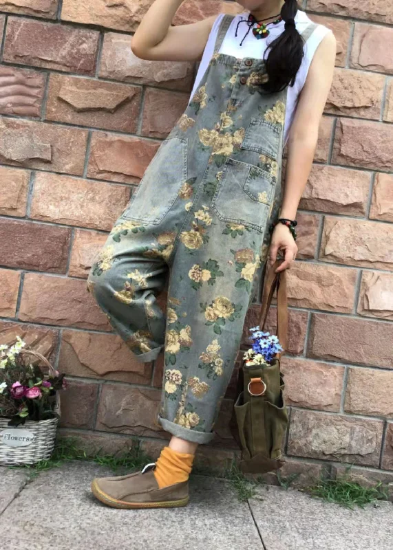 Floral Casual Denim Cotton Jumpsuit Dungarees Oversized Elegant Women's 