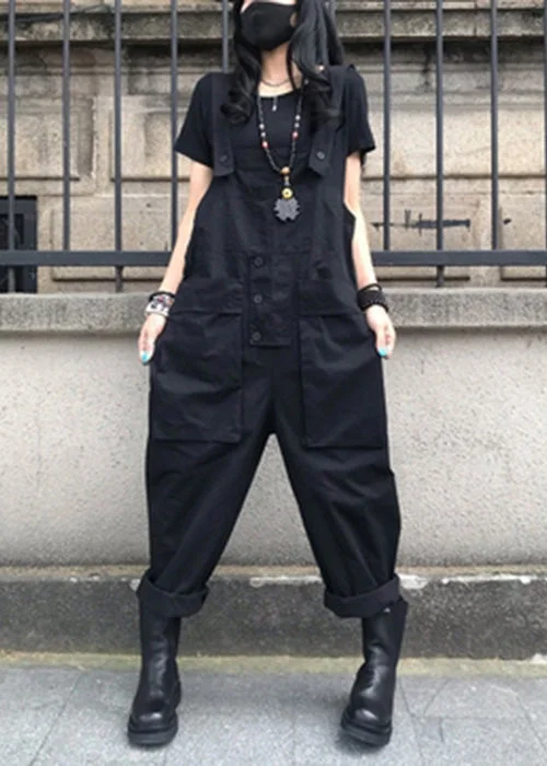 French Black Patchwork Button Solid Jumpsuit Summer Artistic Women's Avant - 