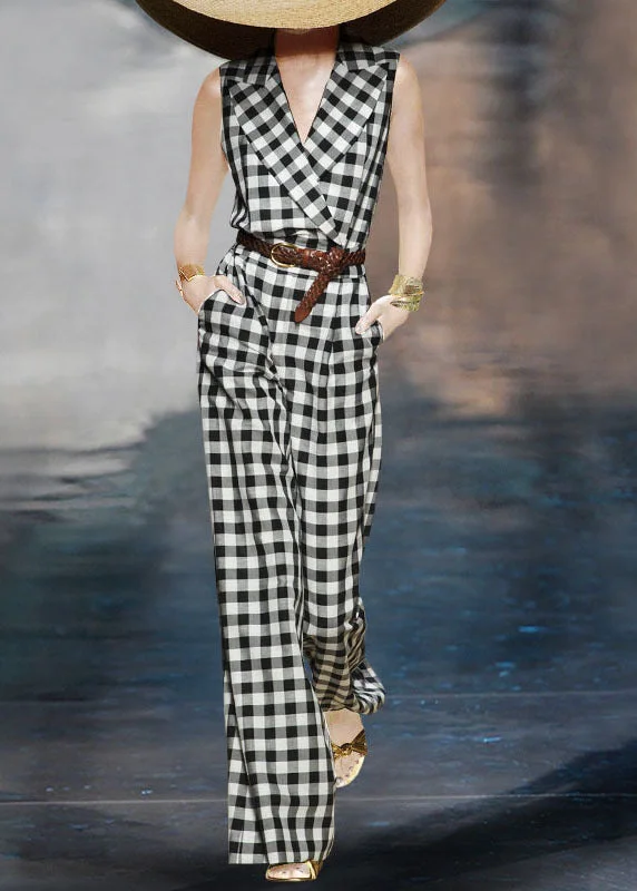 French Black White Plaid Cotton Jumpsuit Wide Leg Pants Sleeveless Bohemian Women's Free