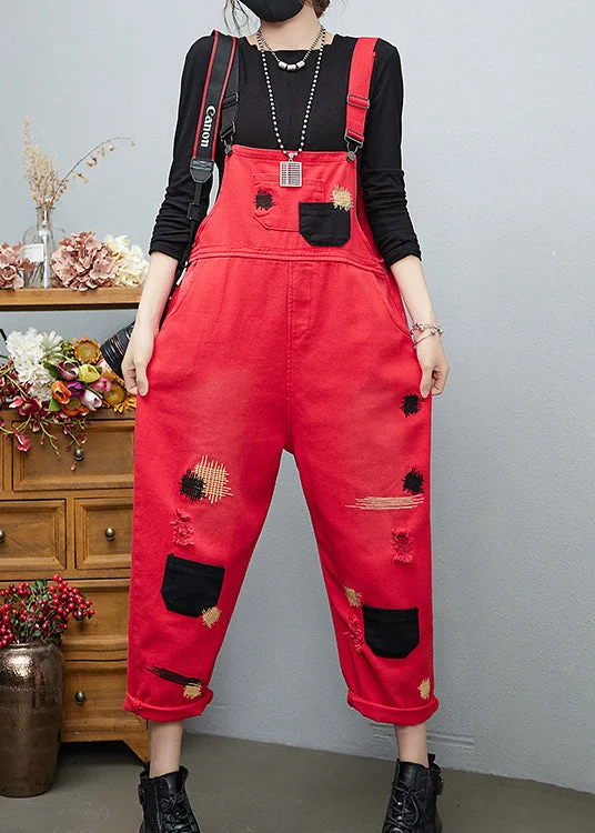 French Red Embroideried Patchwork Cotton Denim Jumpsuits Spring Cool Women's Skate