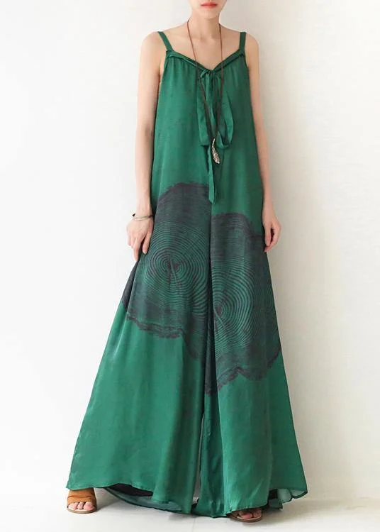 Green Print Jumpsuit Summer Strap Wide Leg Pants performance