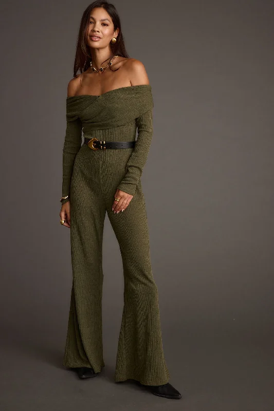 Greenwich Olive Knit Off The Shoulder Jumpsuit Contemporary 