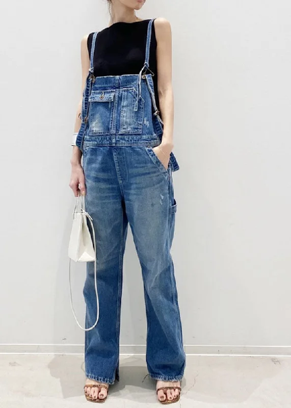 Handmade Blue Pockets Patchwork Denim Straight Jumpsuit Spring Disco