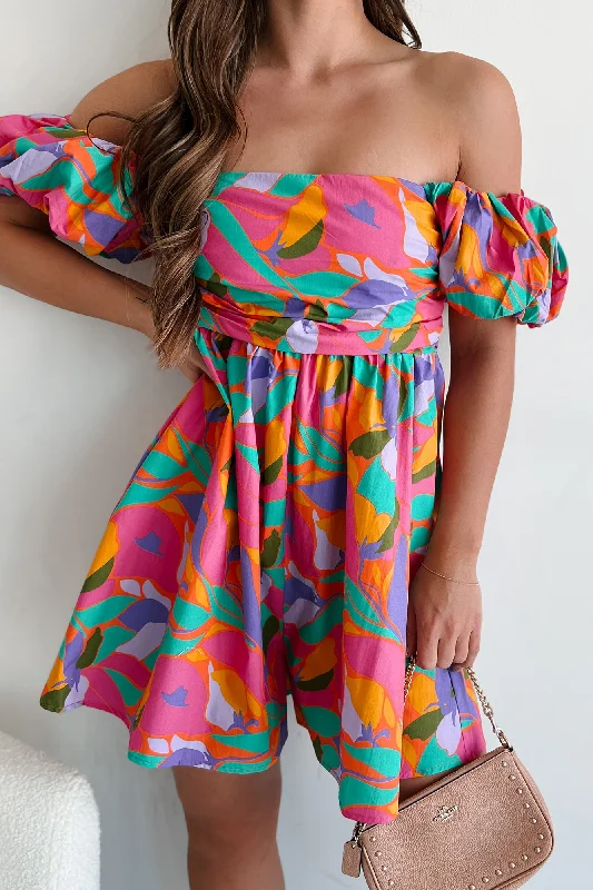Ideal Cuteness Pleated Puff Sleeve Romper (Fuchsia Multi) Hip Women's Urban