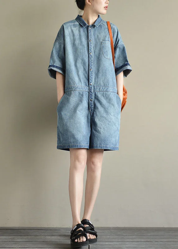 Italian Denim Blue Button Peter Pan Collar Pocket Cotton Jumpsuits Summer Laid - back Women's Style Italian Denim Blue Button Peter Pan Collar Pocket Cotton Jumpsuits Summer Laid - back Women's Style