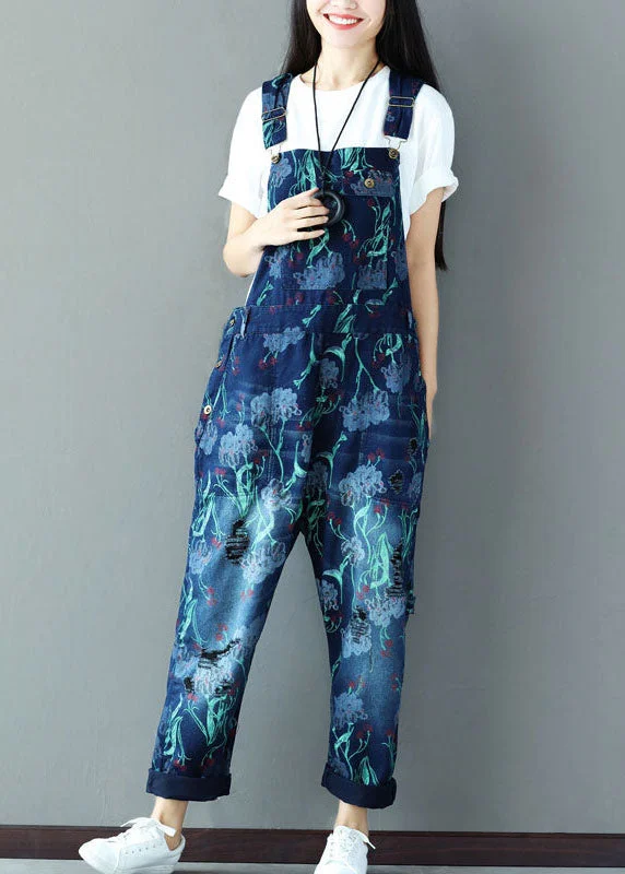 Italian Navy Print Cotton Denim Jumpsuits Ripped Jeans Spring Refined Women's Velvet