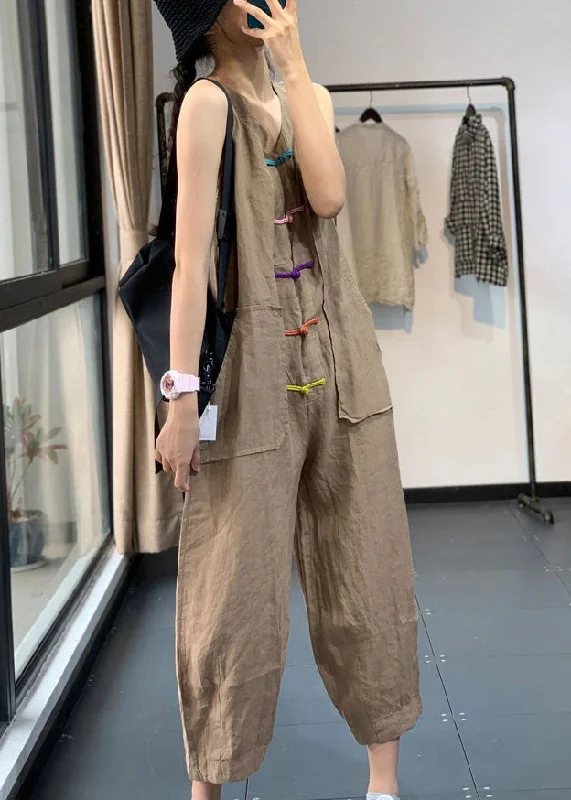 Khaki Pockets Patchwork Linen Jumpsuits Chinese Button Sleeveless Classic Women's Tweed