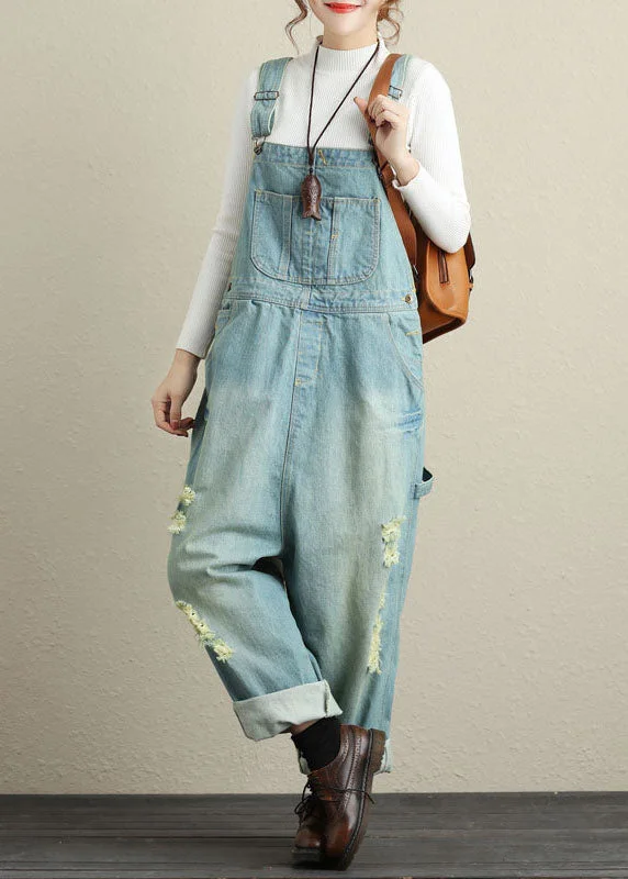 Light Blue Patchwork Ripped Jeans Jumpsuits Spring Rugged Women's Outdoor 