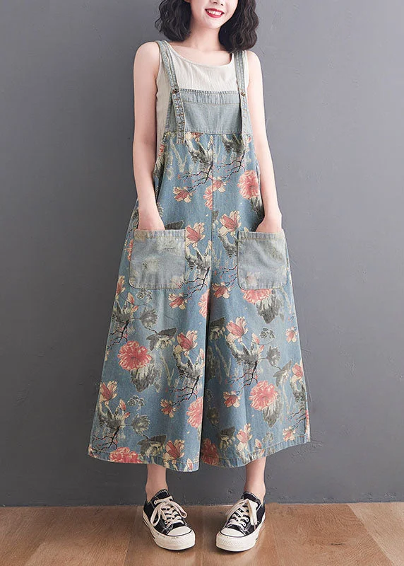 Light Blue Print Patchwork Denim Jumpsuit Pockets Summer Laid - back Women's Style