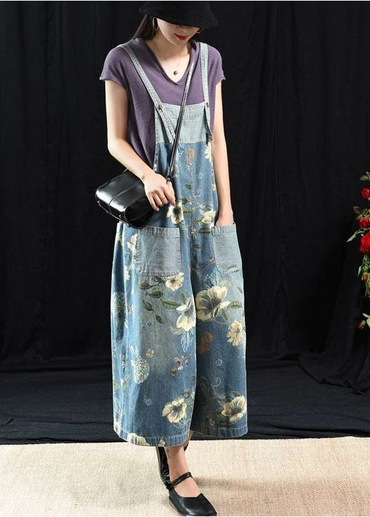 Light Blue Retro Loose Print Summer Pockets Denim Jumpsuit Scandinavian