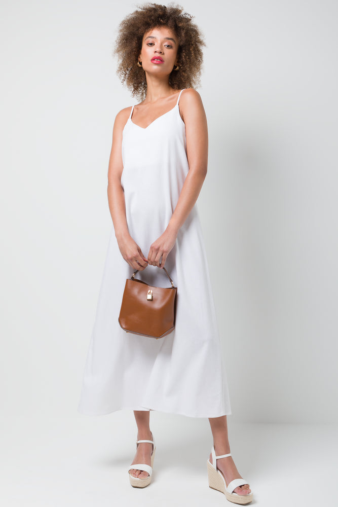 Linen Strappy Maxi Dress White Bohemian Women's Free