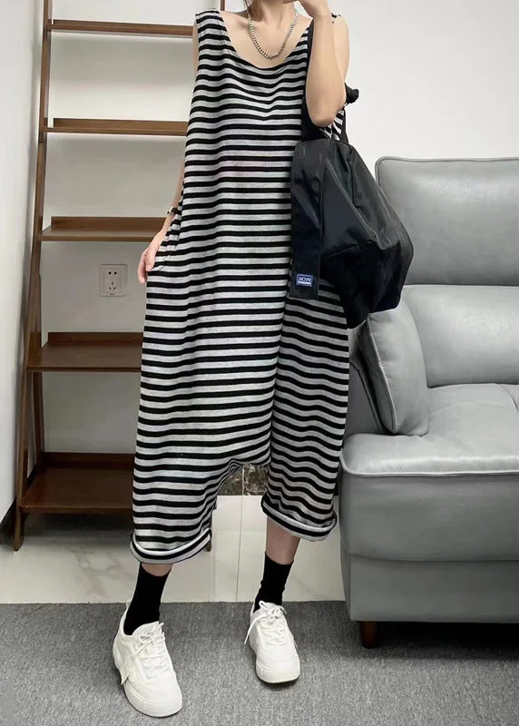 Loose Black O Neck Striped Patchwork Knitting Cotton Jumpsuit Sleeveless European