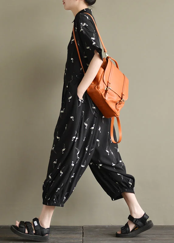 Loose Black Peter Pan Collar Button Print Chiffon Jumpsuit Short Sleeve Sophisticated Women's Loose Black Peter Pan Collar Button Print Chiffon Jumpsuit Short Sleeve Sophisticated Women's