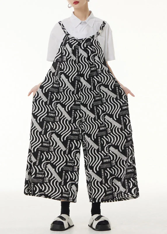 Loose Black Print Pockets Patchwork Silk Cotton Jumpsuits Sleeveless Gym