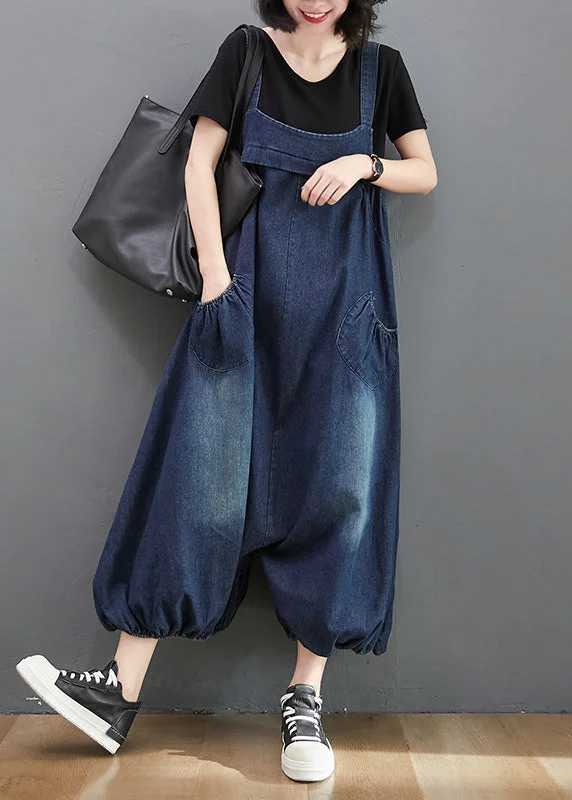Loose Dark Blue Slash Neck Patchwork Lantern Jumpsuit Summer Australian Beach