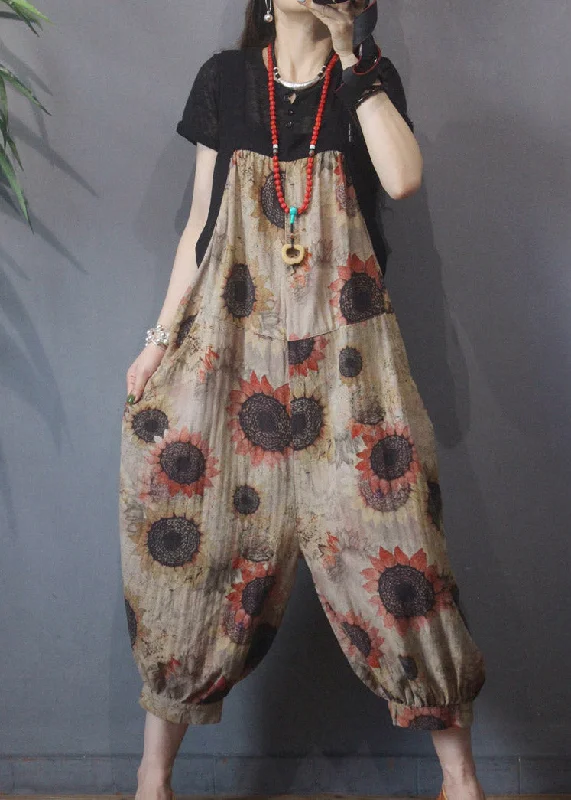 Loose Khaki Patchwork Print Pockets Linen Wide Leg Jumpsuits Summer Monochromatic Office Style Loose Khaki Patchwork Print Pockets Linen Wide Leg Jumpsuits Summer Monochromatic Office Style