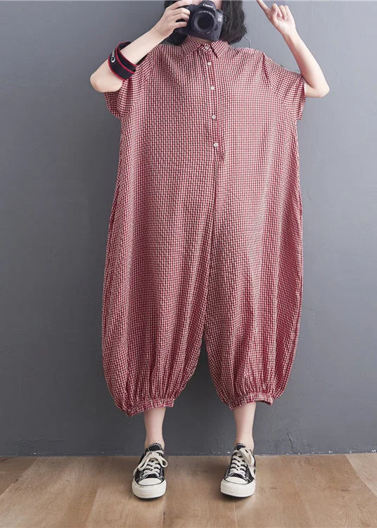 Loose Red Plaid button Peter Pan Collar Pocket Linen Jumpsuits Short Sleeve Traditional Women's Loose Red Plaid button Peter Pan Collar Pocket Linen Jumpsuits Short Sleeve Traditional Women's