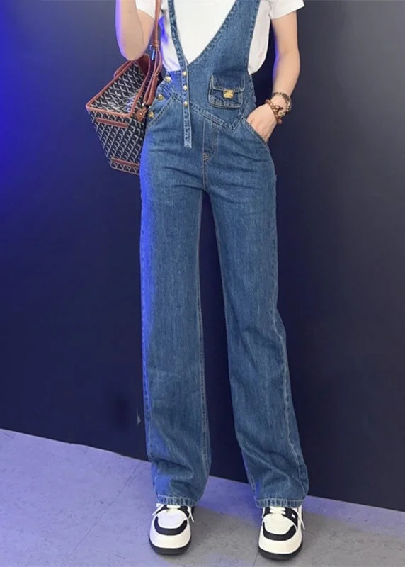 Modern Blue Asymmetrical Patchwork Button High Waist Denim Long Jumpsuits Earthy Women's Hemp - based Modern Blue Asymmetrical Patchwork Button High Waist Denim Long Jumpsuits Earthy Women's Hemp - based
