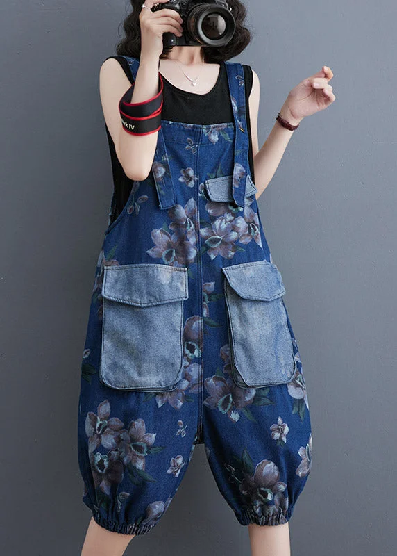 Modern Blue Slash Neck Print Patchwork Button Jumpsuits Summer British Gentlewoman Style Modern Blue Slash Neck Print Patchwork Button Jumpsuits Summer British Gentlewoman Style
