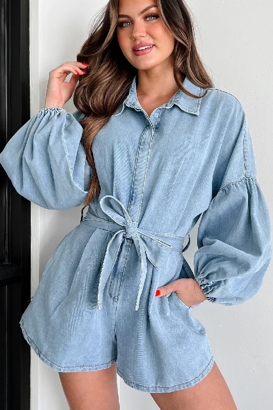 Modern Direction Denim Balloon Sleeve Romper (Denim) Minimalist Women's Casual