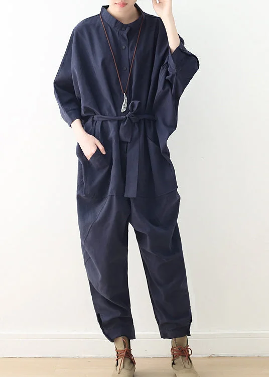 Modern Navy Oversized Tie Waist Cotton Overalls Jumpsuit Fall French