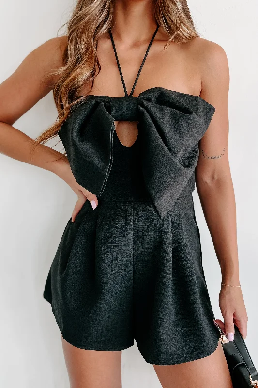 Mysterious Admirer Bow-Front Halter Tie Romper (Black) Confident Women's Power