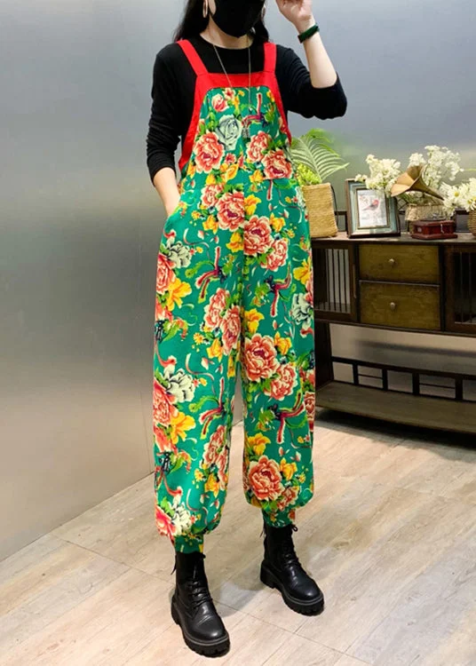New Green Print Patchwork Cotton Jumpsuit Sleeveless Sporty Women's Athleisure 