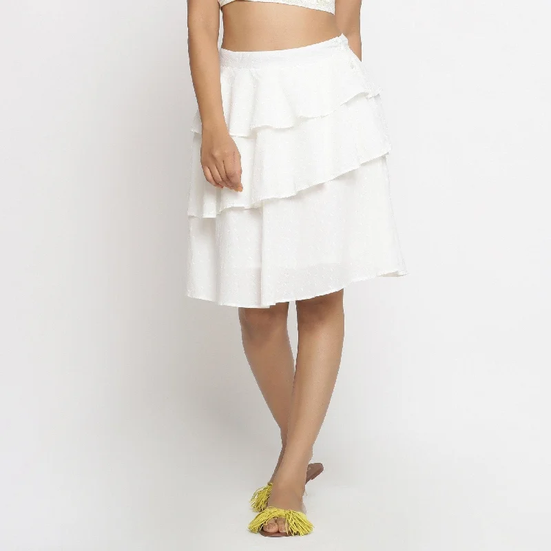 Off-White 100% Cotton Dobby Ruffled Short Skirt Elegant Women's 