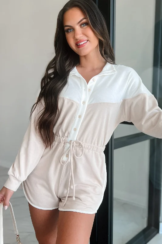 Ozzie Button-Front Long Sleeve Romper (White/Seashell) Vacation