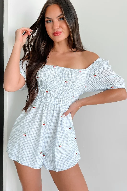 Picnic Views Gingham Cherry Romper (Light Blue) Traditional Women's 