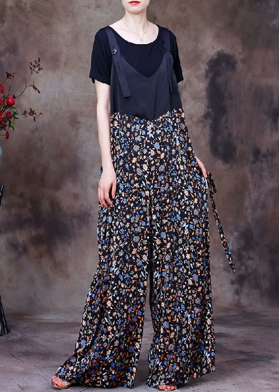 Plus Size Black Patchwork Print Pockets Silk Overalls Jumpsuit Two Pieces Set Summer Sharp Women's Italian Plus Size Black Patchwork Print Pockets Silk Overalls Jumpsuit Two Pieces Set Summer Sharp Women's Italian