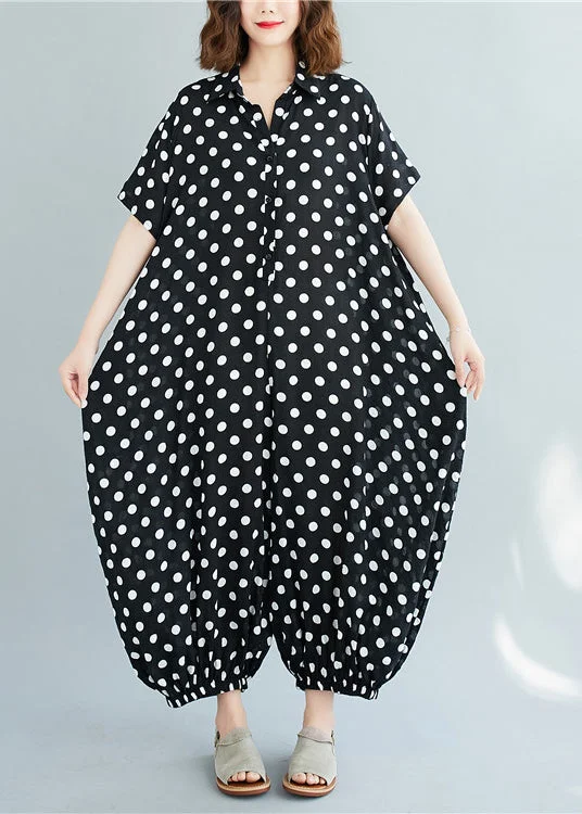 Plus Size Black Peter Pan Collar button dot Print Jumpsuit Short Sleeve Stylish Women's Tropical Plus Size Black Peter Pan Collar button dot Print Jumpsuit Short Sleeve Stylish Women's Tropical