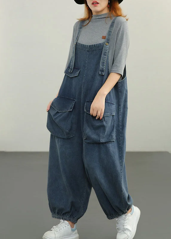 Plus Size Blue pockets Cotton denim Jumpsuit Spring Bold Women's Statement