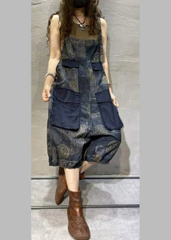 Plus Size Blue Print Oversized Pockets Patchwork Cotton Denim Jumpsuit Summer Sleek Women's Plus Size Blue Print Oversized Pockets Patchwork Cotton Denim Jumpsuit Summer Sleek Women's