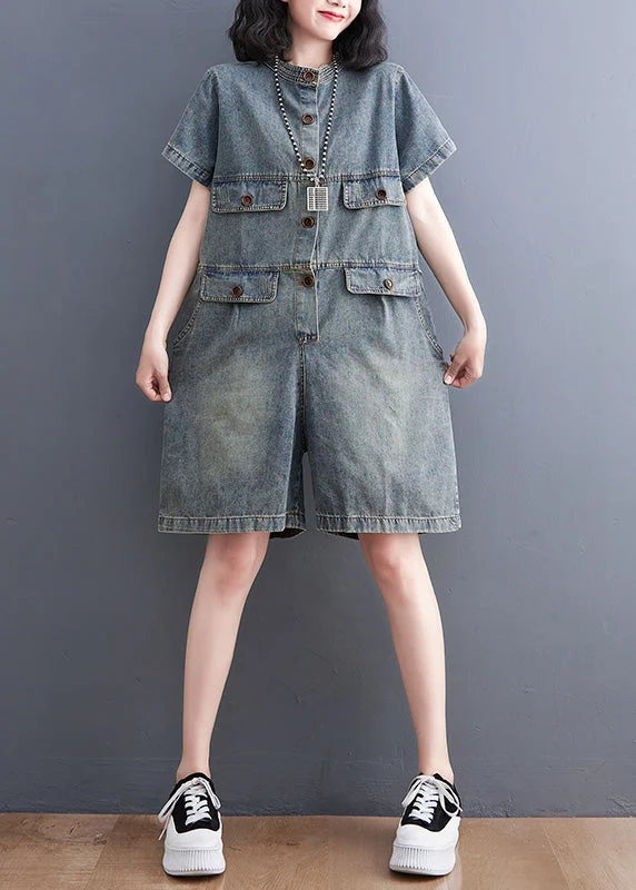 Plus Size Denim Blue O-Neck Patchwork Button Jumpsuits Short Sleeve Dapper Women's Bow - adorned Plus Size Denim Blue O-Neck Patchwork Button Jumpsuits Short Sleeve Dapper Women's Bow - adorned