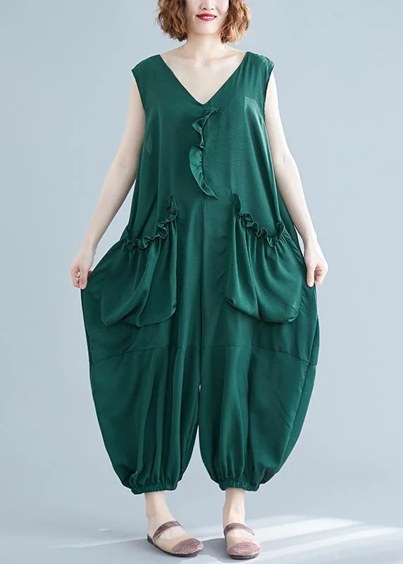 Plus Size Green Ruffled Summer Cotton Tracksuit Jumpsuit Monochromatic All - in - one